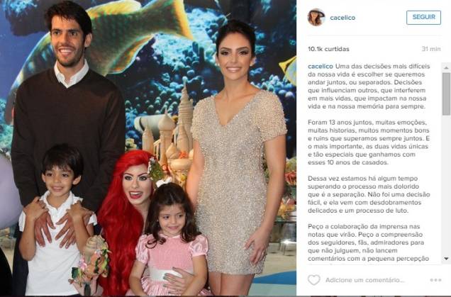 Kaká, Carol Celico e os filhos: foto publicada pela empresária para confirmar o fim do casamento com o jogador