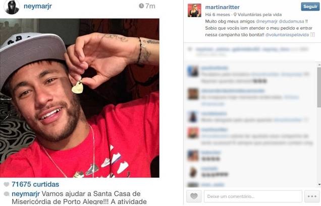 Em 2014, Neymar divulgou no Instagram uma campanha beneficente apoiada por Martina
