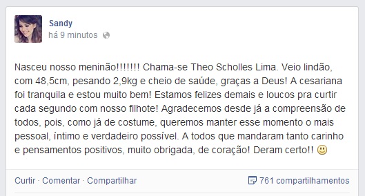 Sandy dá à luz Theo, seu primeiro filho