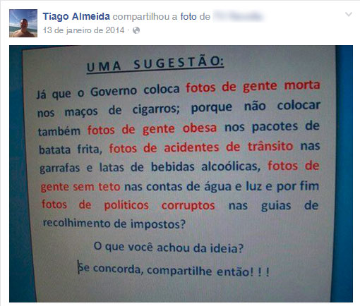 Imagem contra a corrupção publicada por Tiago Almeida em seu perfil no Facebook
