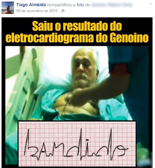 Em 2013, Tiago Almeida também publicou no Facebook imagem falando sobre José Genoino