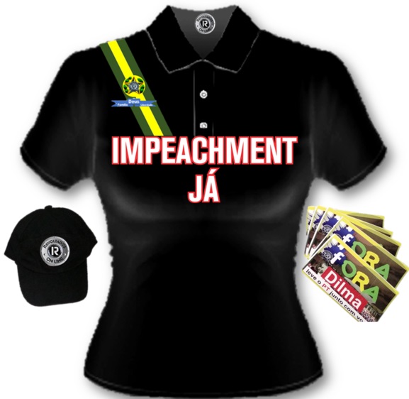 Kit impeachment, com uma camiseta polo, um boné e cinco adesivos por 175 reais