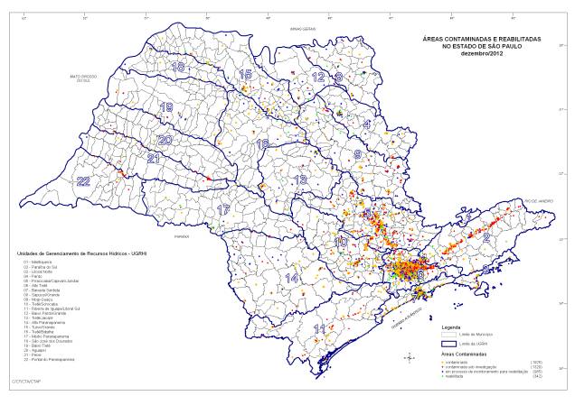 Os pontos vermelhos e laranjas mostram as áreas contaminadas no Estado. A concentração é maior na Região Metropolitana de São Paulo Os pontos vermelhos e laranjas mostram as áreas contaminadas no Estado. A concentração é maior na Região Metropolitana de São Paulo