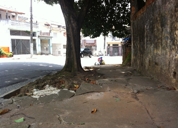 Rua Vergueiro, na altura do número 5715: raiz de árvore levantou e quebrou o piso do passeio