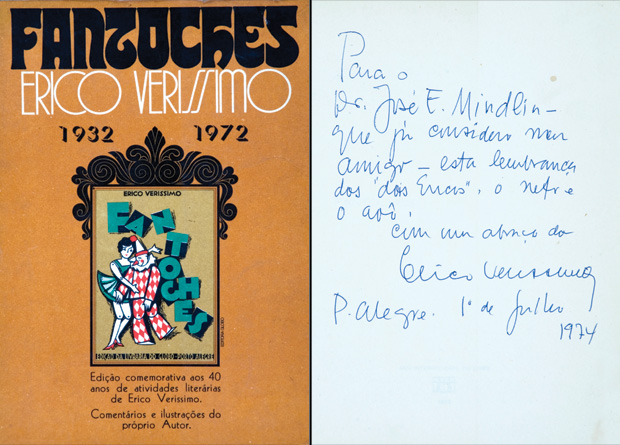 Dedicatória de 1974 do escritor Érico Veríssimo em exemplar de Fantoches