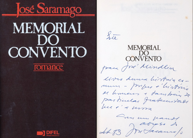 Dedicatória de José Saramago datada de 1983, em exemplar de Memorial do Convento