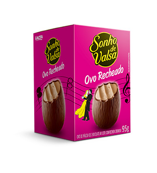 Ovo recheado Sonho de Valsa, da Lacta. Preço sugerido de venda: R$ 8,99 (95g). O bombom sucesso da marca agora em versão ovo de chocolate.