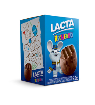 Ovo recheado, da Lacta. Preço sugerido de venda: R$ $8,99 (95g). Mini oivo de chocolate ao leite da marca em versão totalmente recheada sabor chocolate.