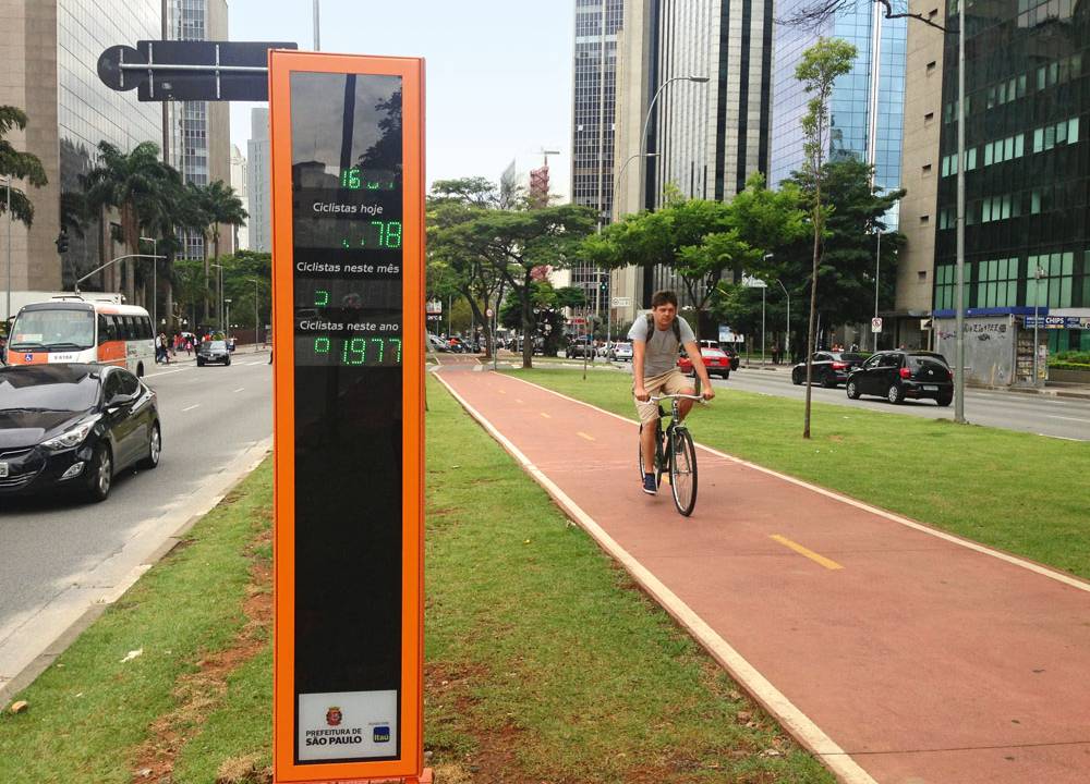 Totem conta ciclistas na Faria Lima