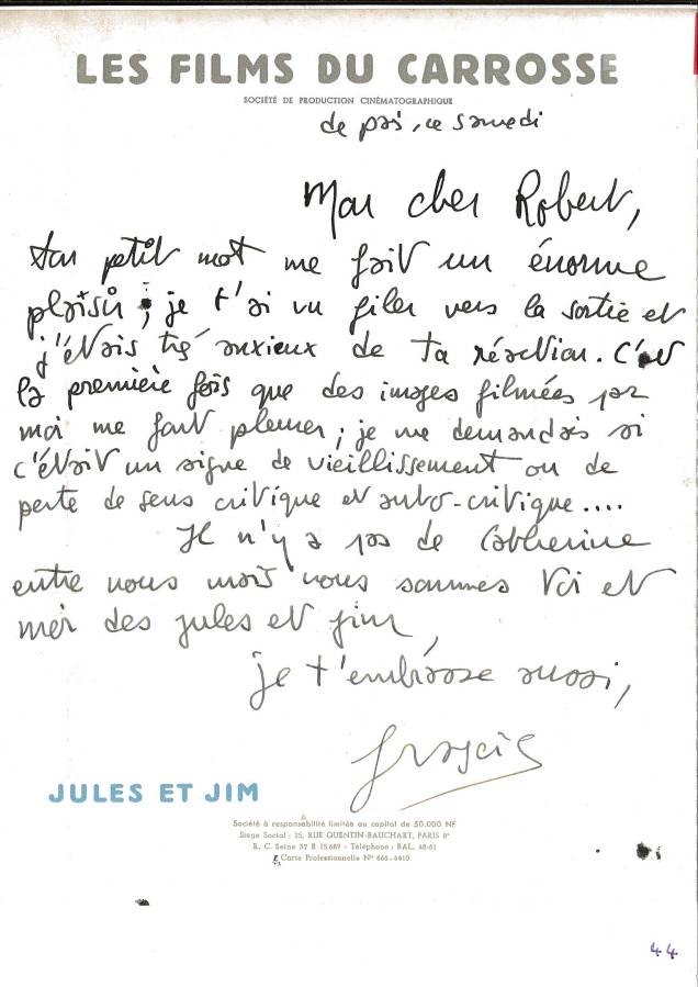 	Carta de Truffaut ao crítico francês Robert Lachenay