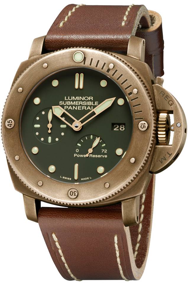 Frente do Luminor Submersible 1950 Automatic Bronzo (R$ 41 600,00): a Panerai foi a pioneira no uso do metal sujeito à oxidação