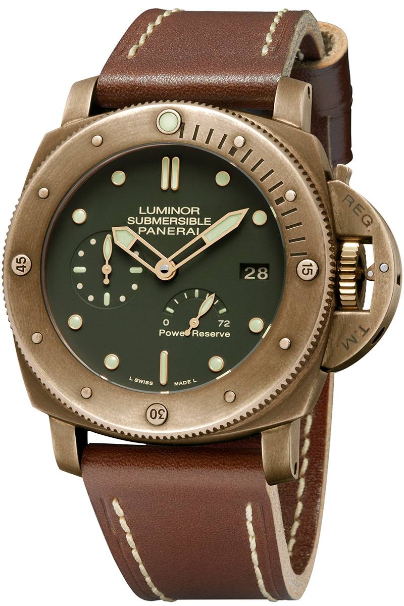 Frente do Luminor Submersible 1950 Automatic Bronzo (R$ 41 600,00): a Panerai foi a pioneira no uso do metal sujeito &agrave; oxida&ccedil;&atilde;o