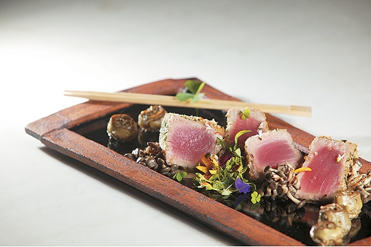 Atum crocante empanado em farinha japonesa com ervas guarnecido de cogumelos orientais e alcachofrinha: todo o frescor do mar