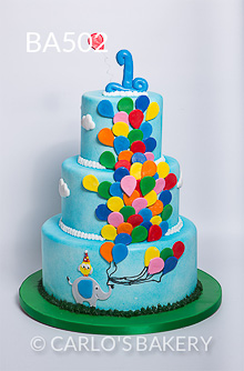 Bolo feito para aniversário de um ano abusou dos balões