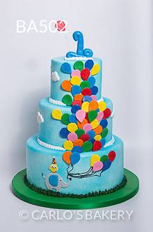 Bolo feito para aniversário de um ano abusou dos balões