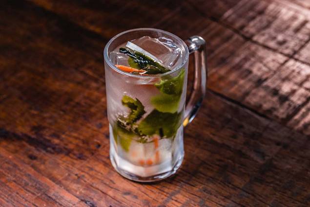 Drinque de shochu e água com gás com xarope de conserva japonesa Drinque de shochu e água com gás com xarope de conserva japonesa