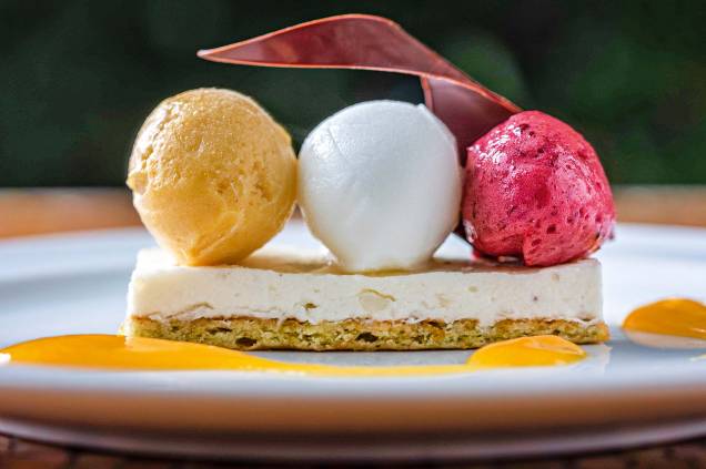 Sobremesa gelada: trio de sorbets de maracujá, limão-siciliano e frutas vermelhas, sobre torta-musse de coco