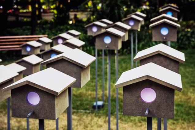 Controle Remoto: trinta casinhas de pássaro emitem luzes e sons de programas de rádio e TV