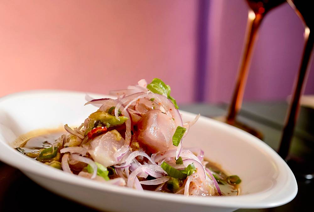 Festival de Ceviches: atum, abacate, manga e leite de tigre com molho teriyaki