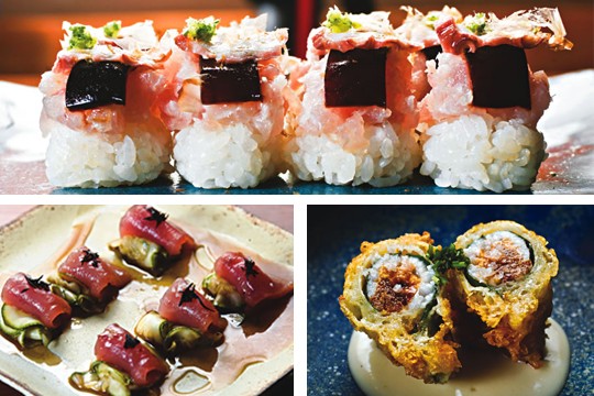 Shiromi takô, sashimi de atum e tempurá de robalo Shiromi takô, sashimi de atum e tempurá de robalo