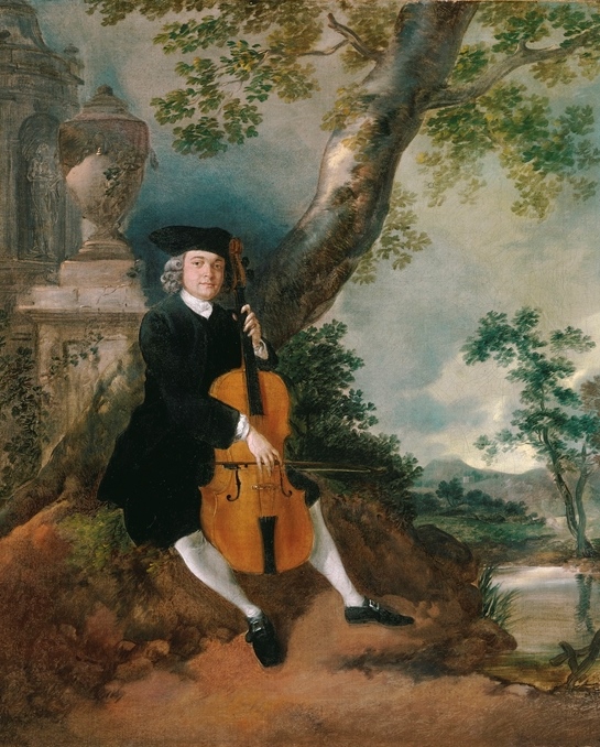 Na tela “O reverendo John Chafy tocando violoncelo em uma paisagem”, Thomas Gainsborough cria uma paisagem com elementos clássicos