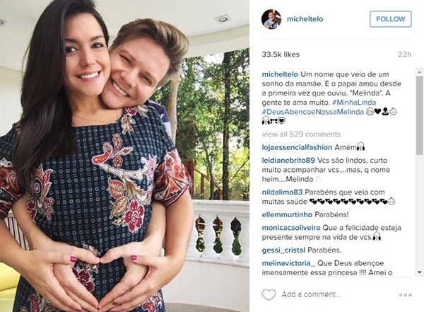 Após sonho, Michel Teló e Thaís Fersoza divulgam nome da primeira filha e internet comenta novidade