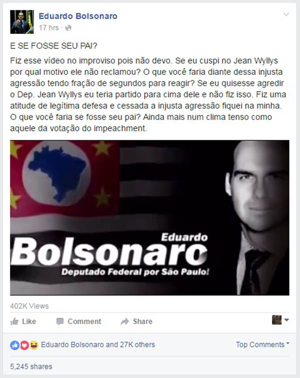 Após polêmica, Eduardo Bolsonaro admite que cuspiu em Jean Wyllys em desabafo na internet