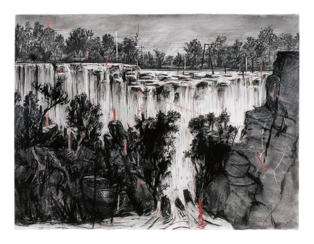 Paisagem colonial (Cachoeira olhando para cima), 1996, carvão e pastel sobrepapel. 135,9 x 175,5 cm, William Kentridge
