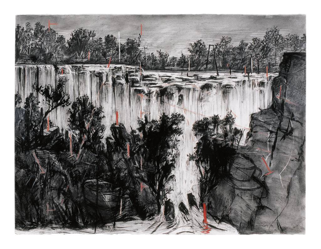 Paisagem colonial (Cachoeira olhando para cima), 1996, carvão e pastel sobrepapel. 135,9 x 175,5 cm, William Kentridge