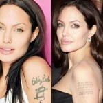 A atriz Angelina Jolie fez uma homenagem ao seu ex-marido, Billy Bob Thornton, com uma tatuagem. Após o divórcio ela achou uma maneira inteligente de substituí-la: colocando as coordenadas de nascimento de seus filhos