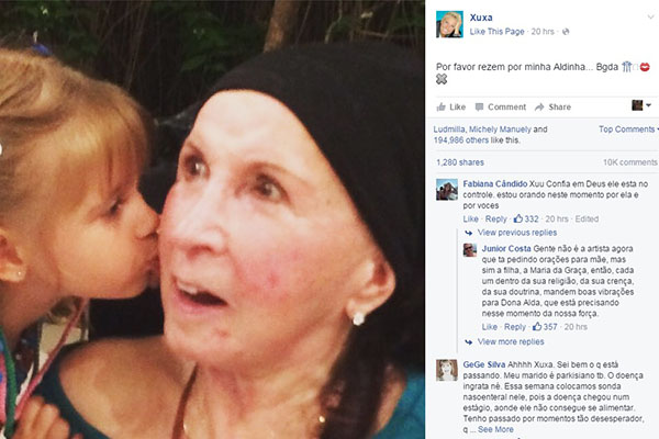 Xuxa Meneghel usa redes sociais para fazer apelo por saúde da mãe