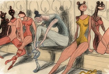 "Museu da Arte Inútil: bailarinas do Master Ballet Mickey Mouse de Varsóvia", de 1952: uma das obras de Angeli "Museu da Arte Inútil: bailarinas do Master Ballet Mickey Mouse de Varsóvia", de 1952: uma das obras de Angeli