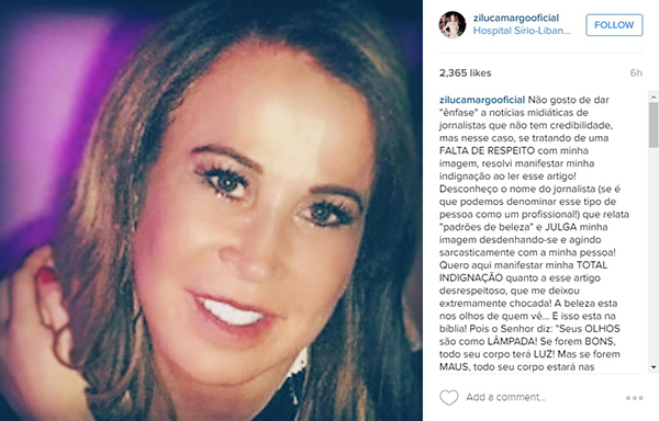 Internada em São Paulo, Zilu Camargo faz desabafo em seu perfil oficial no Instagram