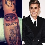 O ator Justin Bieber é conhecido pela fama de criança fofa que virou garoto problema e pelo gosto duvidoso para tatuagens: a pior delas é esta junção de um olho e a palavra "believe" (acredite)
