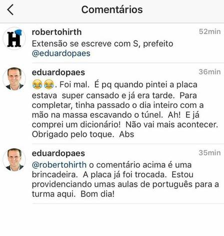 Prefeito do Rio ironiza no Instagram seguidor que reclamou de erro de português em placa