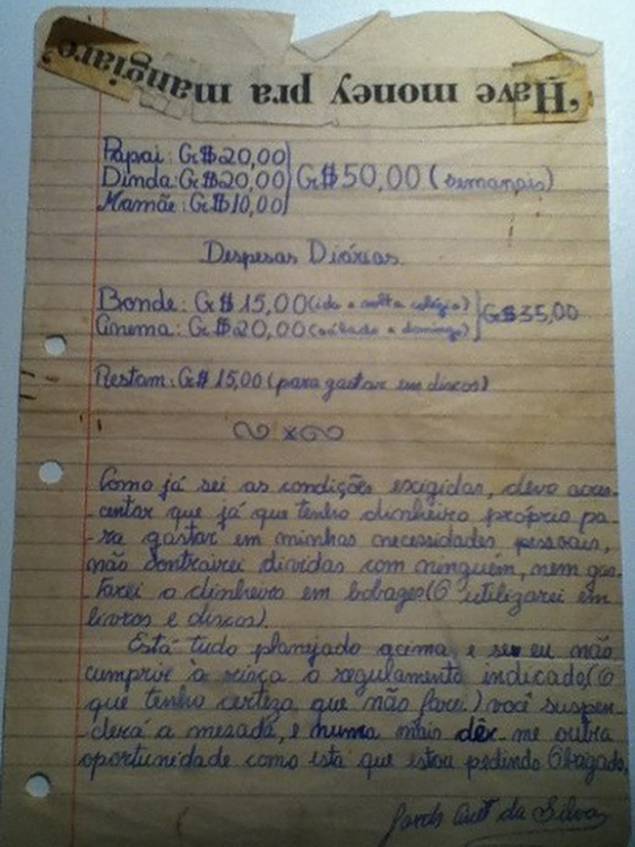 Carta de Macalé para seus pais e sua avó negociando a mesada