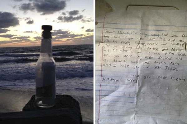 Homem encontra garrafa com bilhete emocionante escrito por garotinho de 11 anos e colocado ao caminhar na praia