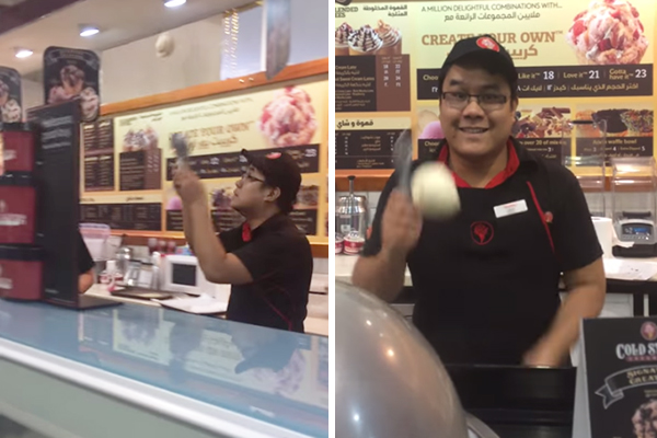 Rapaz desafia leis da física com maneira arriscada de servir sorvete