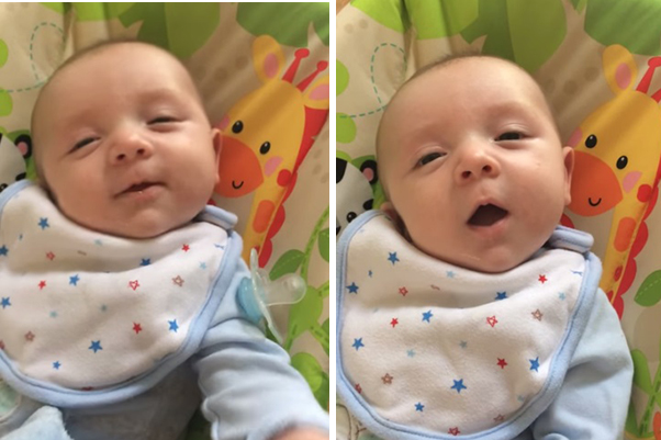 Bebê de apenas sete semanas fala “olá” para nova mamãe em vídeo fofo