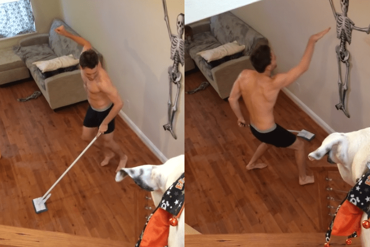 Vídeo divertido mostra rapaz dançando só de cueca enquanto limpa a casa após uma festa