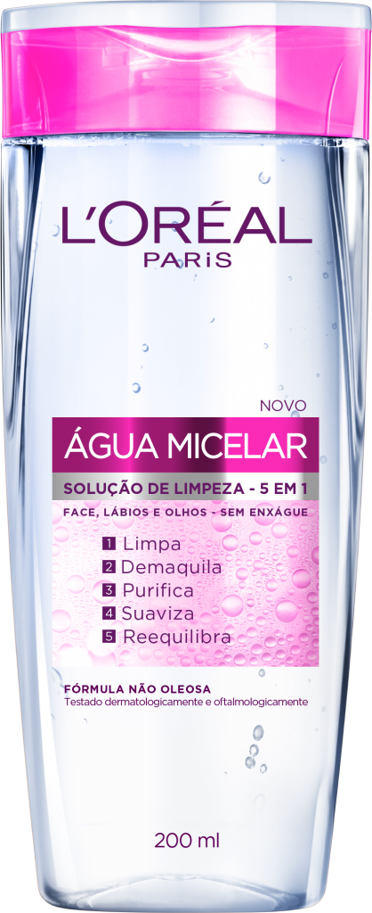 Solução de limpeza Água Micellar, da L'Oréal. Não tem fórmula oleosa e é multifuncional, entregando 5 benefícios de uma só vez: limpeza, remoção de maquiagem, purificação, suavização e reequilíbrio. Preço sugerido: R$ 29,90