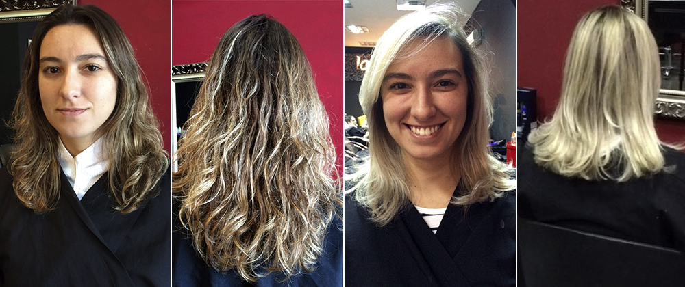 O antes e depois da Juliene: cabelos muito claros (em tom platinado) com apenas uma descoloração