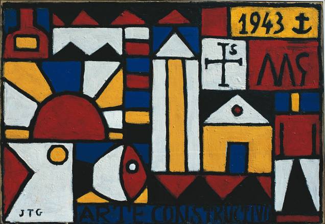O óleo Arte Constructivo, realizado em 1943: formas geométricas se misturam a elementos primitivos pré-colombianos