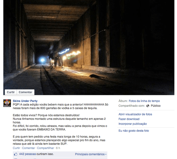Postagem em página oficial da festa Skins Under Party, realizada em túnel da Roosevelt