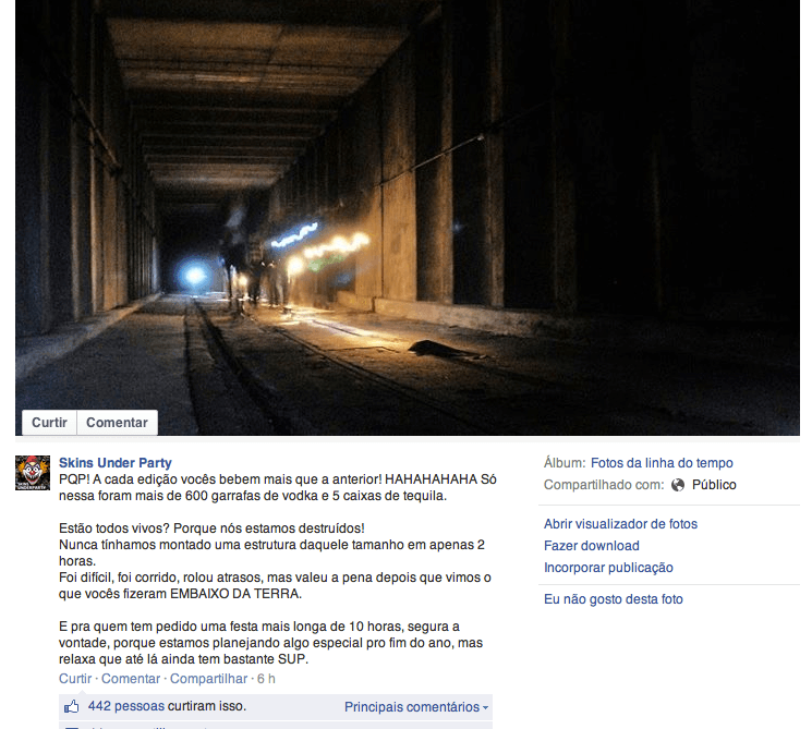 Postagem em página oficial da festa Skins Under Party, realizada em túnel da Roosevelt Postagem em página oficial da festa Skins Under Party, realizada em túnel da Roosevelt