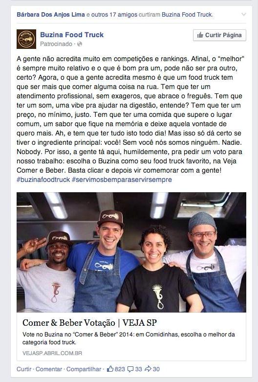 Campanha pelo Facebook do Buzina Food Truck