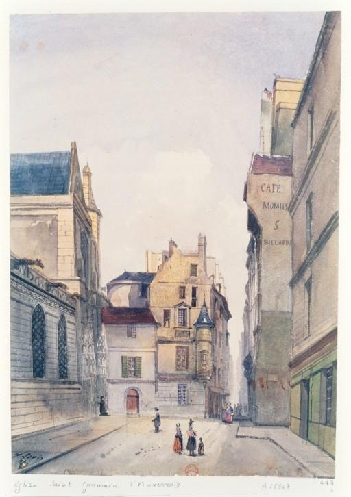 Fé e pecado lado a lado: Igreja de Saint-Germain-l'Auxerrois com Café Momus à direita no desenho de Henri Lévis (1849)