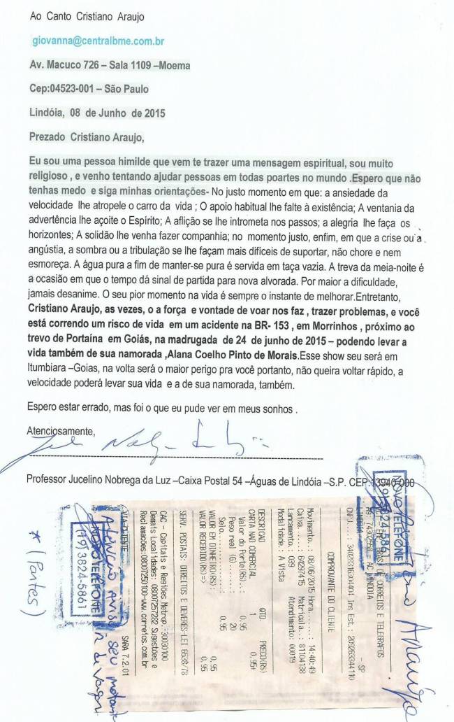 Site divulga suposta carta psicografada de Cristiano Araujo quatro