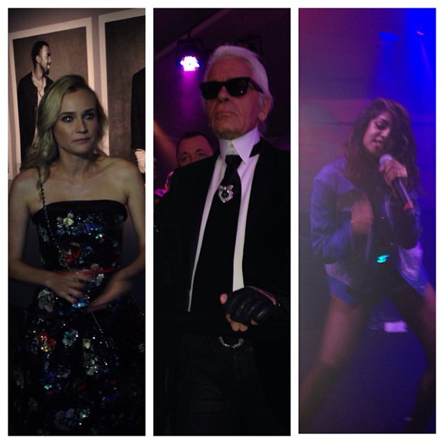 Diane Krueger (esq.) e Karl Lagerfeld (centro) estiveram presentes na festa, que teve show da cantora M.I.A. (dir.) (Foto: Ricky Hiraoka)
