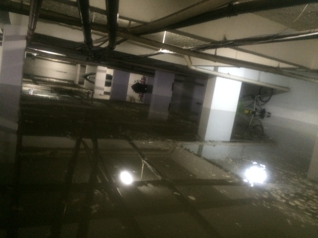 Garagem do prédio em Santos ainda alagada na manha~desta sexta-feira (Foto: Fábio Lemos Lopes)